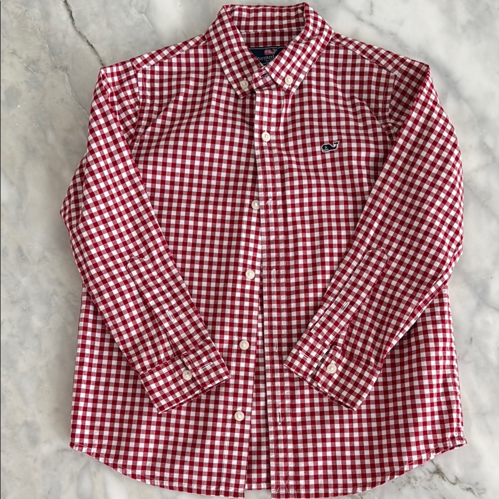 Vineyard Vines Boy’s Red Checkered Shirt with navy whale logo.